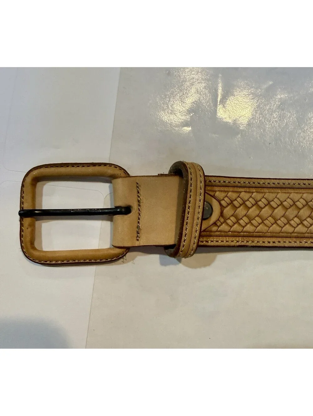 Vintage 1980s Genuine Leather Belt Tan Basketweave Embossed Western 46”
